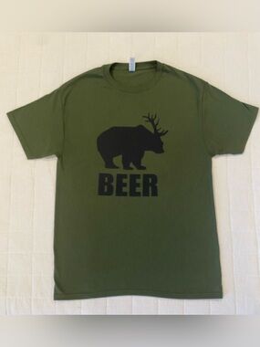 BEER (Bear + Deer) Graphic T-Shirt - Olive Green - Size M